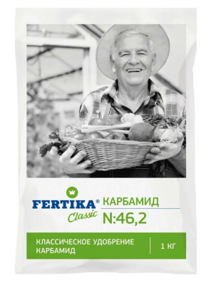 Карбамид 1 кг [Фертика] купить с доставкой Карбамид – самый популярный и надежный помощник садоводов и дачников. Это удобрение придет на помощь, если растения страдают от кислородного голодания, недостаточной плодородности почвы, засушливого или, наоборот, слишком прохладного и влажного климата. Азотсодержащая подкормка, в народе называемая мочевиной, поможет добиться великолепного урожая томатов и перцев, вырастить крупные ягоды клубники, а также обустроить зону для отдыха с роскошным, насыщенно-зеленым газоном.