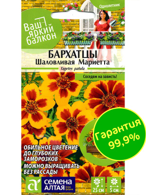 Бархатцы Шаловливая Мариетта [Семена алтая] купить с доставкой ​Бархатцы Шаловливая Мариетта — это яркое и жизнерадостное растение, которое добавит изюминку в любой цветник! Сочетание насыщенных оранжевых и желтых оттенков на цветках создаёт атмосферу тепла и уюта. Эти бархатцы не только красивы, но и обладают высокой стойкостью к болезням и неблагоприятным погодным условиям. Интересный факт: бархатцы известны своими полезными свойствами, ведь они не только украшают сад, но и отпугивают вредителей, таких как тля.