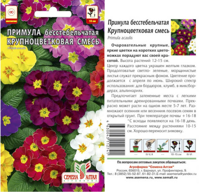 Примула Крупноцветковая смесь [Семена алтая] купить с доставкой Особенно популярна Крупноцветковая смесь - микс ярких и пестрых окрасок всеми любимых многолетников, способный стать красочный акцентом любого садового участка, балкона или террасы.