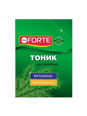 Тоник для Хвойных 15 г [Бона Форте] купить с доставкой Тоник для хвойных культур - это бережное и эффективное средство, созданное специально для ухода за туями, кедрами, соснами, елями. Его уникальная формула содержит богатый комплекс минеральных удобрений, витаминов и микроэлементов, которые питают и укрепляют зеленую хвою, придавая иголкам яркость и здоровый вид.