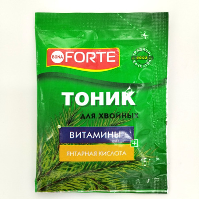 Тоник для Хвойных 15г [Бона Форте] купить с доставкой Тоник для хвойных культур - это бережное и эффективное средство, созданное специально для ухода за туями, кедрами, соснами, елями. Его уникальная формула содержит богатый комплекс минеральных удобрений, витаминов и микроэлементов, которые питают и укрепляют зеленую хвою, придавая иголкам яркость и здоровый вид.