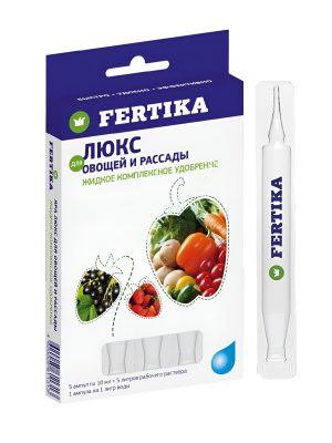 Люкс для овощей и рассады 10 мл * 5 шт [Фертика] купить с доставкой Люкс для овощей и рассады - комплексное минеральное удобрение, предназначенное для подкормки овощных культур и рассады. Оно содержит в своем составе все необходимые макро- и микроэлементы, которые необходимы для полноценного развития и роста растений.
