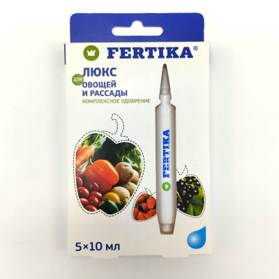 Люкс для овощей и рассады 5 амп*10 мл NPK 1,6-2,1-2,7 [Фертика] купить с доставкой Люкс для овощей и рассады - комплексное минеральное удобрение, предназначенное для подкормки овощных культур и рассады. Оно содержит в своем составе все необходимые макро- и микроэлементы, которые необходимы для полноценного развития и роста растений.